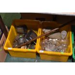 Two boxes of early 20th century glass, pewter, silver plate, 19th century pottery hot water