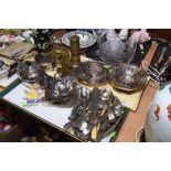 Two trays of silver plated wares and brass ware including an Ashington Colliery miner's lamp, a