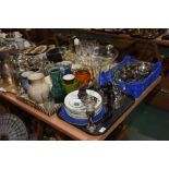 Two trays inc. a miscellaneous collection of glass and china ware including a tall glass tazza,