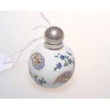 A Victorian silver topped porcelain scent bottle, Birmingham 1890, decorated with flowers.