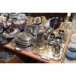 Two trays of silver plate including four entree dishes and covers, a muffin dish etc