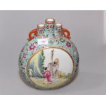 A Chinese porcelain famille rose moon flask vase, decorated with figures and with four character