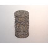 A Chinese silver cylindrical covered box, applied with dragons, marks to base.