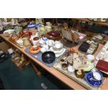 Four trays inc. 1950s coloured glass egg cruet, vintage pin cushions, Torquay ware, 1930's tea