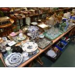 Eight trays inc. cut and pressed glass, 19th century blue and white plates, Japanese Kyoto ware twin