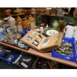 Two trays inc. silver plate flatware, Deco style scent bottle, 19th century ship's decanter, a