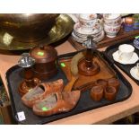 A tray of treen inc. crumb scoop and brush, napkin rings, clogs etc