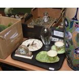 A tray of ceramics and glass inc. a decanter and a Royal Doulton Bunnykins wall clock etc