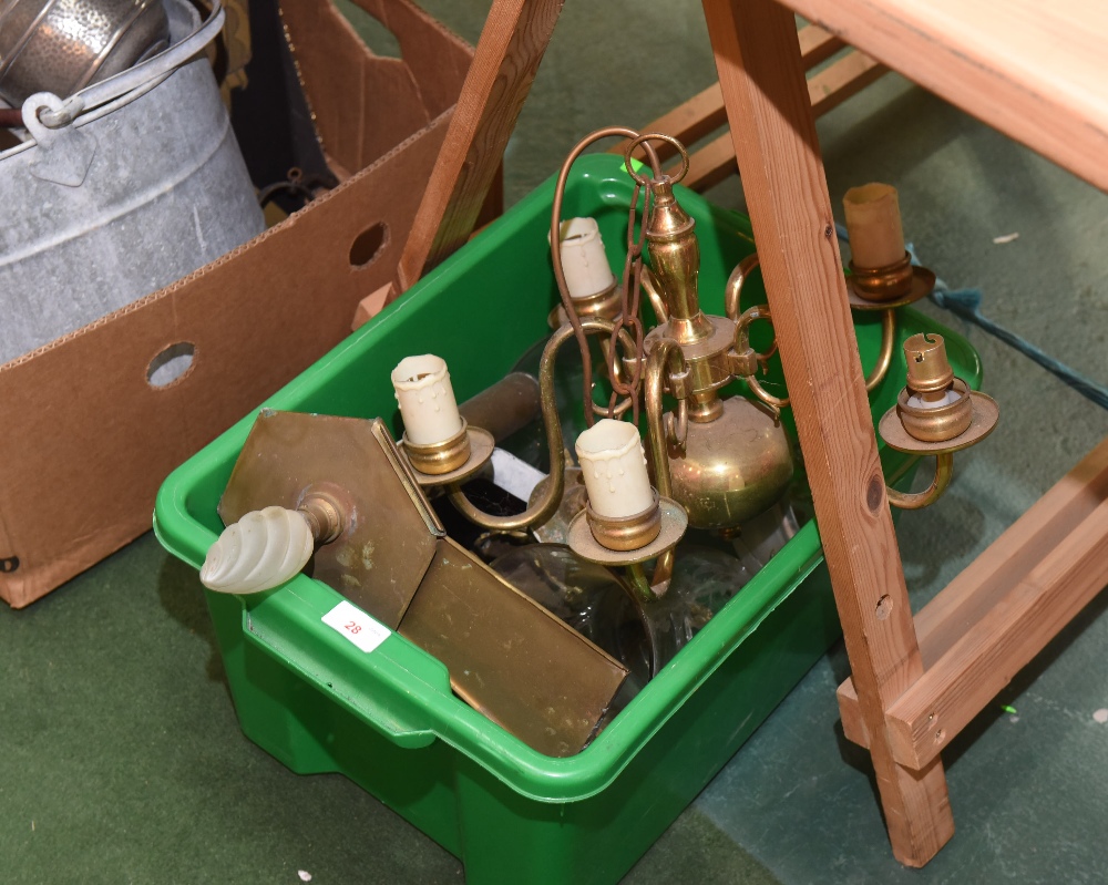 A group of light fittings inc. a brass five light chandelier