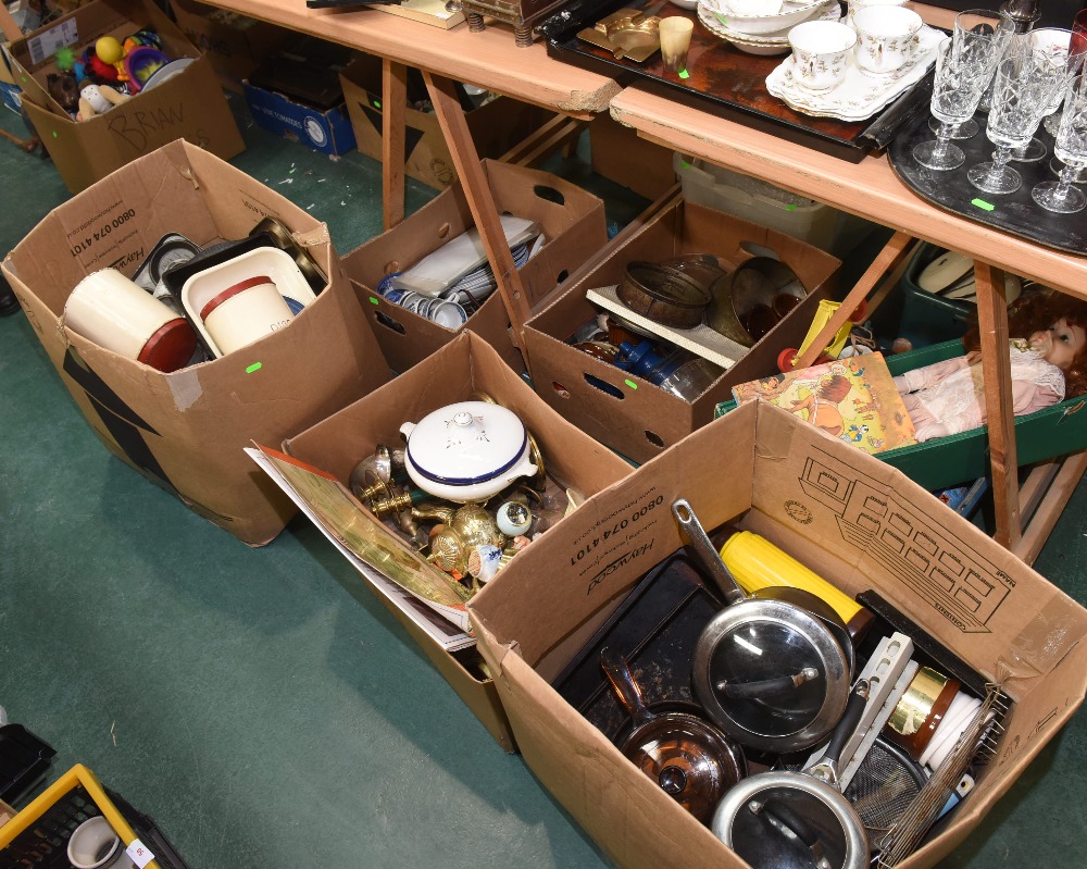 Seven boxes inc. kitchenalia, vintage doll, Old Willow blue and white wares, brass etc