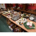 Six trays inc. a quantity of crested wares, Whimsies, Continental porcelain figures, cut glass,