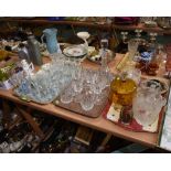 Three trays of glass inc. a Waterford Crystal decanter, a set of four Waterford Crystal wines, amber