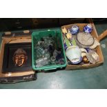 Three boxes inc. vintage glass bottles, framed buddha etc