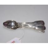 A set of four early Victorian silver teaspoons with fiddle and thread pattern, each engraved with