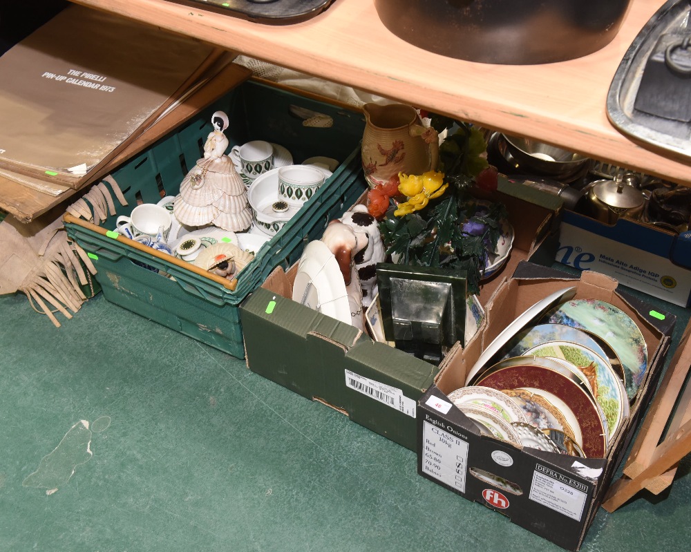 Three boxes inc. 1950s dinner wares, Staffordshire seated spaniels, collector plates etc