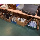 Four boxes inc. a large quantity of Old Willow blue and white wares, a gilt highlighted Noritake tea