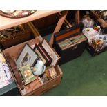 A box inc. brass carriage clock, onyx mantel clock, carved wooden panel, framed articles etc; tog.