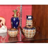 A Royal Doulton Slaters stoneware teapot, sugar bowl and water jug (lacking cover) together with a