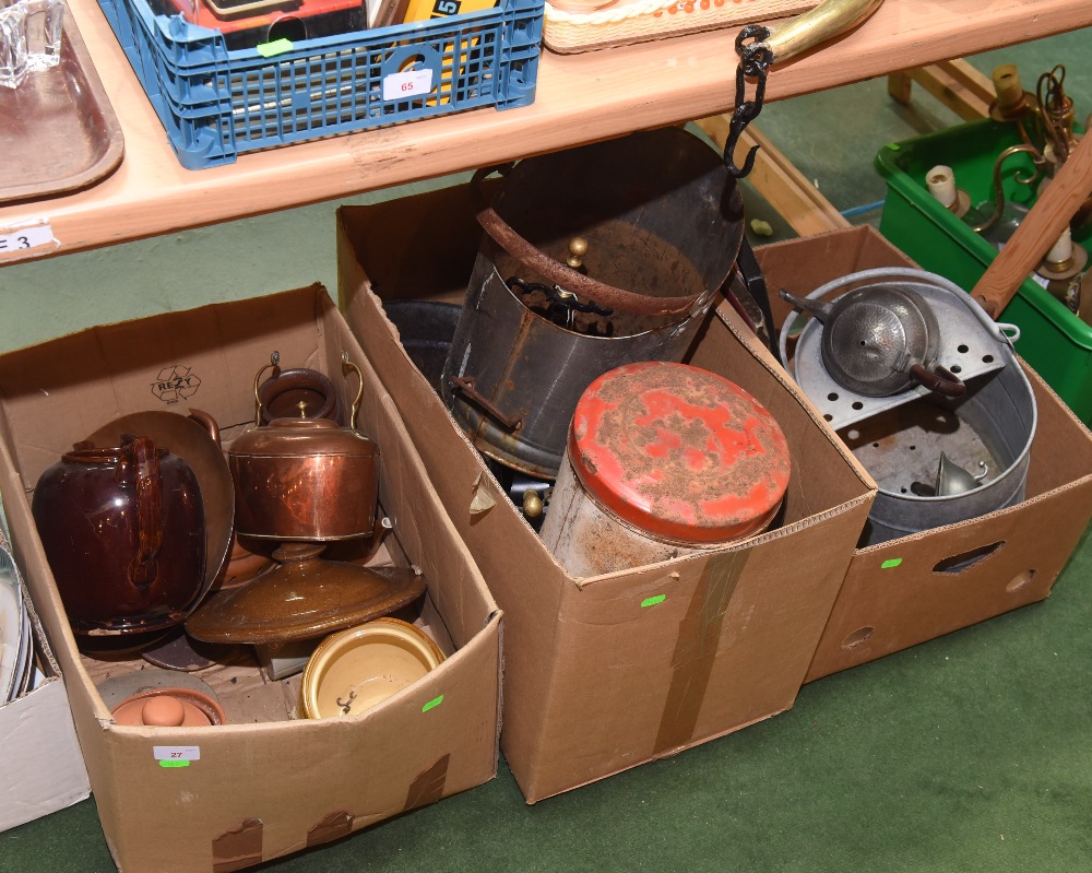 Three boxes inc. companion set, coal scuttle, copper kettle, pottery teapots etc