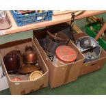 Three boxes inc. companion set, coal scuttle, copper kettle, pottery teapots etc