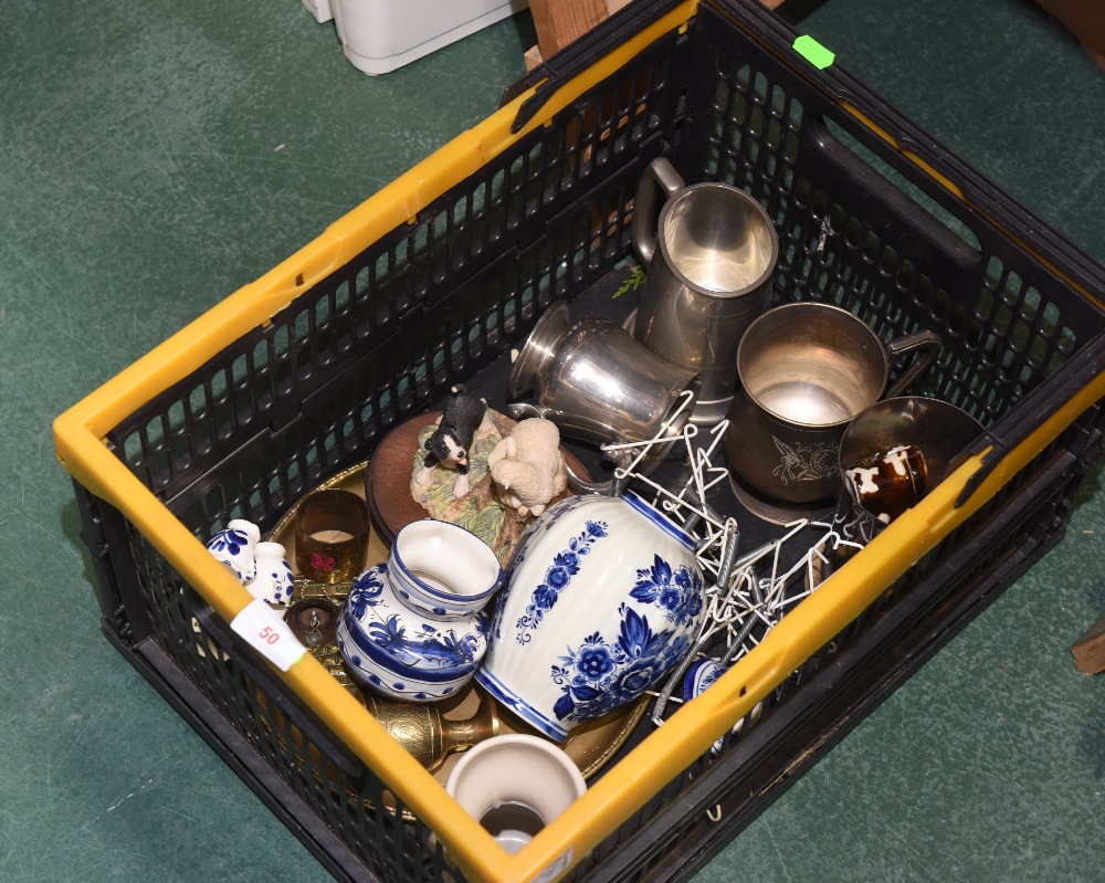 A box inc. silver plate tankards, brass tray, Portuguese and other ceramics etc