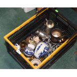 A box inc. silver plate tankards, brass tray, Portuguese and other ceramics etc