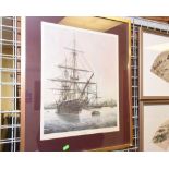 J.E. Wigston, H.M.S. Warrior, signed coloured print, framed and glazed