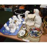 Two trays inc. two Stafforshire seated spaniels, a Ringtons lustreware jug, a Royal Worcester Prince