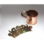 A pierced brass wall bracket/spill holder together with a copper ale sampling mug and wine funnel (