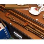 A group of varnished walking sticks and canes, two with coloured golf ball finials,