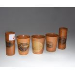 Three Mauchline ware beakers and two cylindrical pin boxes and covers (5)