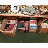 Four boxes of books inc. a set of Dickens novels, sheet music etc