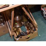 A box containing copper and brass jugs, patinated metal figure of a classical maiden etc