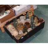 A box of vintage glass and pottery bottles and jars inc. a 19th century Doulton Lambeth pottery