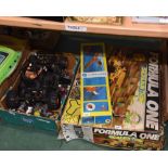 A box of vintage play worn vehicles etc; tog. with a Scalextric set