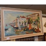 20th century, Mediterranean Harbour Scene, acrylic on canvas, indistinctly signed.