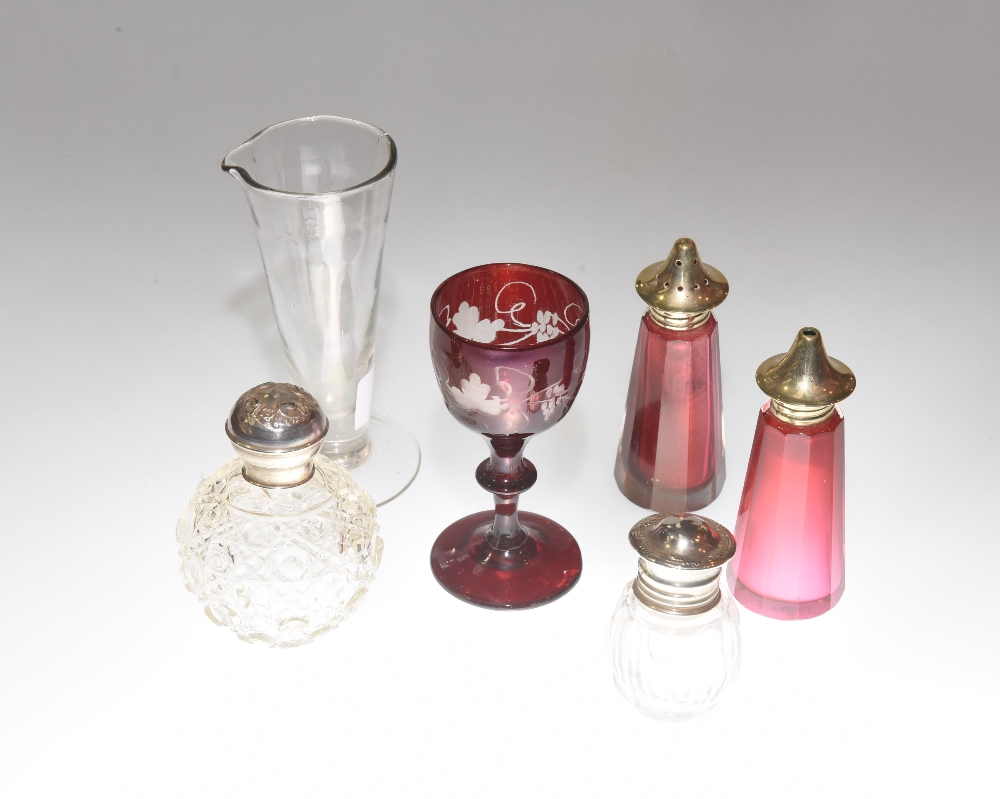 A group of cranberry and clear glass articles inc. condiments, scent bottles etc (6)