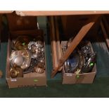 Two boxes of brass and silver plate