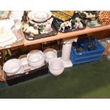 A box of pressed glass; tog. with a group of white glazed ceramic jardinieres and a jardiniere