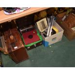 A box inc. a vintage Minolta camera, camera lens, tripod, prints etc; tog. with a vintage HMV