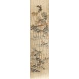 A PAIR OF CHINESE EMBROIDERED SILK PANELS, possibly Qianlong, each oblong, worked with pavilions,