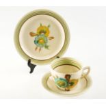 A CLARICE CLIFF NEWPORT POTTERY 'HONEYDEW PATTERN' CUP, SAUCER AND PLATE, plate 16.5cm