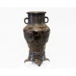 A LARGE CHINESE BRONZE VASE, LATE 19th CENTURY, of baluster form, applied with zoomorphic handles,