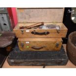Three wooden chests containing a quantity of vintage tools