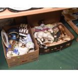 A box containing 1930s Crown Devon transfer ware plate, composition figure of a lady, ship model