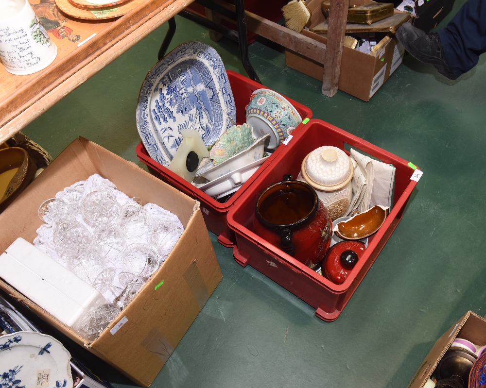 Three boxes inc. two West German Rumtoff pottery jars, Oriental bowls, Majolica leaf plate, 19th