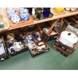 Five boxes inc. novelty serving plates, bread-maker, Continental porcelain figures, silver plate