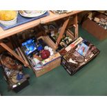 Four boxes inc. vintage lady's handbags, porcelain figures (a/f), Bells Whisky novelty decanters,