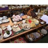 Four trays inc. Torquay ware teapot, Ridgway ceramics, teddy bear, white metal mounted oak