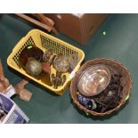 A box containing 1930s oak cased mantel clock, miniature table globe, a pair of miniature brass